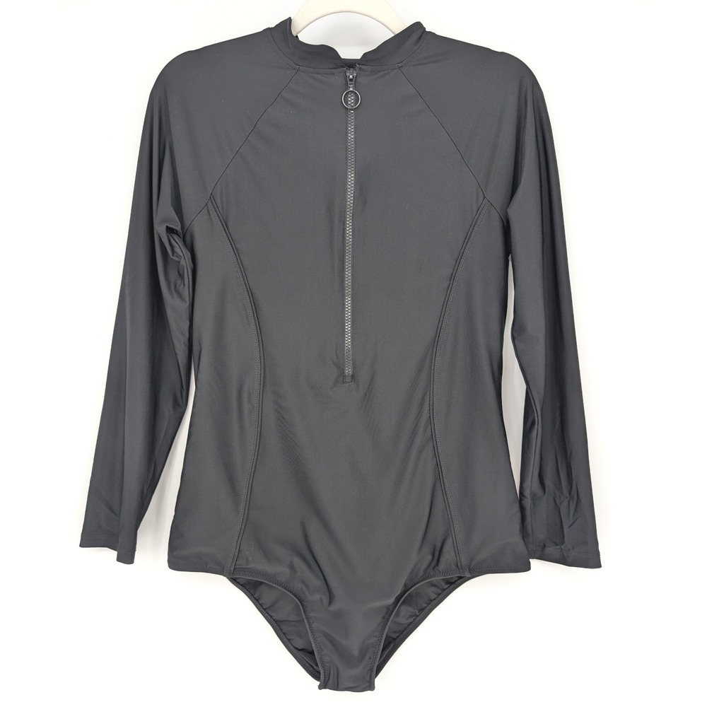 LYRA Swim Rash Guard Bodysuit Womens XL Black Long Sleeve Zip Front Modest Surf
